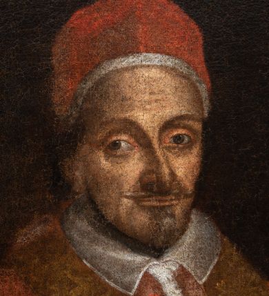 Zdjęcie nr 2: Obraz w kształcie stojącego prostokąta z wizerunkiem papieża Innocentego XI ukazanego w półpostaci, zwróconego w trzech czwartych w lewo, ubranego w mucet i stułę oraz camauro na głowie. Papież na podłuzna twarz o strych rysach, ciemne oczy, wąski nos i usta; wąski i bródkę. Postać  została ujęta owalna ramą w dole której ujęte kartuszem jego herb papieski i inskrypcja „INNOCENTIVS. VNDECIMVS. PONT(IFEX) MAX(IMUS) INSIGNIS BENEFACT[O]R ORDINIS. S(ANCTI) P(AULI) B(ENEDI)CTI.”