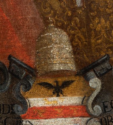 Zdjęcie nr 3: Obraz w kształcie stojącego prostokąta z wizerunkiem papieża Innocentego XI ukazanego w półpostaci, zwróconego w trzech czwartych w lewo, ubranego w mucet i stułę oraz camauro na głowie. Papież na podłuzna twarz o strych rysach, ciemne oczy, wąski nos i usta; wąski i bródkę. Postać  została ujęta owalna ramą w dole której ujęte kartuszem jego herb papieski i inskrypcja „INNOCENTIVS. VNDECIMVS. PONT(IFEX) MAX(IMUS) INSIGNIS BENEFACT[O]R ORDINIS. S(ANCTI) P(AULI) B(ENEDI)CTI.”