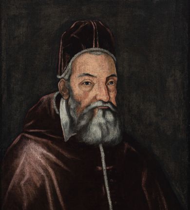 Zdjęcie nr 1: Obraz w kształcie stojącego prostokąta ukazuje papieża Leona XI w półpostaci, zwróconego w trzech czwartych w lewo.  Ma podłużną twarz o grubych rysach z wąskimi oczami, długim nosem i wąskimi ustami  otoczonymi siwymi wąsami i długą brodą. Jest ubrany w ciemnoczerwony, podbity futrem mucet oraz psujące do niego camauro na głowie. W dolnej części obrazu napis „LEO XI ANTEA ALEXANDER MEDICES/FLORENTINVS SEDIT DIES Z5”, w lewym, górnym rogu „30”.
