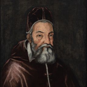 Zdjęcie nr 1: Obraz w kształcie stojącego prostokąta ukazuje papieża Leona XI w półpostaci, zwróconego w trzech czwartych w lewo.  Ma podłużną twarz o grubych rysach z wąskimi oczami, długim nosem i wąskimi ustami  otoczonymi siwymi wąsami i długą brodą. Jest ubrany w ciemnoczerwony, podbity futrem mucet oraz psujące do niego camauro na głowie. W dolnej części obrazu napis „LEO XI ANTEA ALEXANDER MEDICES/FLORENTINVS SEDIT DIES Z5”, w lewym, górnym rogu „30”.
