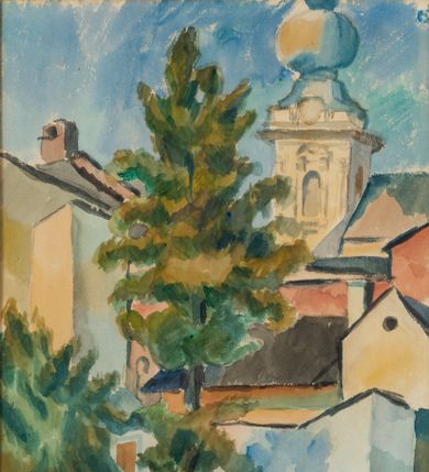 Zdjęcie nr 1: Obraz w kształcie stojącego prostokąta ujęty w passe-partout oraz drewnianą, profilowaną ramę. Przedstawia pejzaż miejski centrum Wadowic z widoczną w prawym, górnym rogu kompozycji, nakrytą barokowym hełmem wieżą kościoła Ofiarowania Najświętszej Marii Panny. Na pierwszym planie ukazane z ptasiej perspektywy, uproszczone i zgeometryzowane dachy domów i kamienic oraz zabudowania miejskie. W centrum kompozycji przedstawione wysokie drzewo o zielonych liściach. Kolorystyka obrazu jasna, pastelowa ograniczona do odcieni zgaszonej czerwieni, rozbielonych błękitów oraz zieleni. W prawym dolnym rogu dzieła sygnatura „Z(bigniew) Pronaszko”. W lewym dolnym rogu „WADOWICE / 1924”.