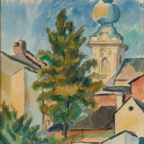 Zdjęcie nr 1: Obraz w kształcie stojącego prostokąta ujęty w passe-partout oraz drewnianą, profilowaną ramę. Przedstawia pejzaż miejski centrum Wadowic z widoczną w prawym, górnym rogu kompozycji, nakrytą barokowym hełmem wieżą kościoła Ofiarowania Najświętszej Marii Panny. Na pierwszym planie ukazane z ptasiej perspektywy, uproszczone i zgeometryzowane dachy domów i kamienic oraz zabudowania miejskie. W centrum kompozycji przedstawione wysokie drzewo o zielonych liściach. Kolorystyka obrazu jasna, pastelowa ograniczona do odcieni zgaszonej czerwieni, rozbielonych błękitów oraz zieleni. W prawym dolnym rogu dzieła sygnatura „Z(bigniew) Pronaszko”. W lewym dolnym rogu „WADOWICE / 1924”.