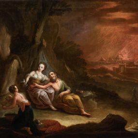 Zdjęcie nr 1: Obraz w formie leżącego prostokąta. W lewej części obrazu Lot z córkami na tle pejzażu. Na pierwszym planie jedna córka, ukazana od tyłu, klęcząca, zwrócona w trzech czwartych w lewo, z głową zwróconą w prawo, nalewa wino z dzbana do kielicha. Ubrana jest w niebieską suknię, tors ma obnażony. Wokół niej leżą tkaniny oraz kosz z owocami i misa. Na drugim planie Lot z kolejną córką w pozycji siedzącej, zwróceni są w trzech czwartych w lewo, z głowami skierowanymi w prawo. Lot lewą rękę kładzie na kolanach, prawą wyciąga w stronę córki. Ukazany jest jako starzec z długą, siwą brodą i włosami. Ubrany w zieloną tunikę odsłaniającą tors i żółty płaszcz zarzucony na kolana. Po jego prawej stronie córka, która obejmuje ojca lewą ręką, prawą wyciąga w bok, trzymając w dłoni kielich. Twarz ma młodzieńczą, okoloną włosami upiętymi z tyłu głowy. Ubrana jest w żółtą suknię, obnażającą ramiona i pierś oraz różowy płaszcz zarzucony na kolana. Obie postacie siedzą na tle niebieskiej tkaniny zawieszonej na gałęzi drzewa, stojącego pośród skał. W prawej części obrazu pejzaż z postacią żony Lota zamienionej w słup soli. W oddali zaś widok miasta Sodomy niszczonej przez boga deszczem ognia i błyskawic. W lewym dolnym rogu sygnatura: „IOST de molck pinx”. Obraz ujęty profilowaną i złoconą ramą. 