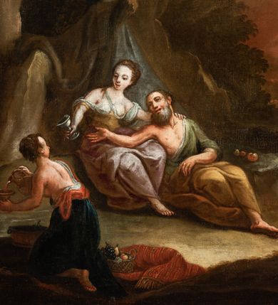 Zdjęcie nr 2: Obraz w formie leżącego prostokąta. W lewej części obrazu Lot z córkami na tle pejzażu. Na pierwszym planie jedna córka, ukazana od tyłu, klęcząca, zwrócona w trzech czwartych w lewo, z głową zwróconą w prawo, nalewa wino z dzbana do kielicha. Ubrana jest w niebieską suknię, tors ma obnażony. Wokół niej leżą tkaniny oraz kosz z owocami i misa. Na drugim planie Lot z kolejną córką w pozycji siedzącej, zwróceni są w trzech czwartych w lewo, z głowami skierowanymi w prawo. Lot lewą rękę kładzie na kolanach, prawą wyciąga w stronę córki. Ukazany jest jako starzec z długą, siwą brodą i włosami. Ubrany w zieloną tunikę odsłaniającą tors i żółty płaszcz zarzucony na kolana. Po jego prawej stronie córka, która obejmuje ojca lewą ręką, prawą wyciąga w bok, trzymając w dłoni kielich. Twarz ma młodzieńczą, okoloną włosami upiętymi z tyłu głowy. Ubrana jest w żółtą suknię, obnażającą ramiona i pierś oraz różowy płaszcz zarzucony na kolana. Obie postacie siedzą na tle niebieskiej tkaniny zawieszonej na gałęzi drzewa, stojącego pośród skał. W prawej części obrazu pejzaż z postacią żony Lota zamienionej w słup soli. W oddali zaś widok miasta Sodomy niszczonej przez boga deszczem ognia i błyskawic. W lewym dolnym rogu sygnatura: „IOST de molck pinx”. Obraz ujęty profilowaną i złoconą ramą. 