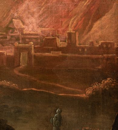 Zdjęcie nr 10: Obraz w formie leżącego prostokąta. W lewej części obrazu Lot z córkami na tle pejzażu. Na pierwszym planie jedna córka, ukazana od tyłu, klęcząca, zwrócona w trzech czwartych w lewo, z głową zwróconą w prawo, nalewa wino z dzbana do kielicha. Ubrana jest w niebieską suknię, tors ma obnażony. Wokół niej leżą tkaniny oraz kosz z owocami i misa. Na drugim planie Lot z kolejną córką w pozycji siedzącej, zwróceni są w trzech czwartych w lewo, z głowami skierowanymi w prawo. Lot lewą rękę kładzie na kolanach, prawą wyciąga w stronę córki. Ukazany jest jako starzec z długą, siwą brodą i włosami. Ubrany w zieloną tunikę odsłaniającą tors i żółty płaszcz zarzucony na kolana. Po jego prawej stronie córka, która obejmuje ojca lewą ręką, prawą wyciąga w bok, trzymając w dłoni kielich. Twarz ma młodzieńczą, okoloną włosami upiętymi z tyłu głowy. Ubrana jest w żółtą suknię, obnażającą ramiona i pierś oraz różowy płaszcz zarzucony na kolana. Obie postacie siedzą na tle niebieskiej tkaniny zawieszonej na gałęzi drzewa, stojącego pośród skał. W prawej części obrazu pejzaż z postacią żony Lota zamienionej w słup soli. W oddali zaś widok miasta Sodomy niszczonej przez boga deszczem ognia i błyskawic. W lewym dolnym rogu sygnatura: „IOST de molck pinx”. Obraz ujęty profilowaną i złoconą ramą. 