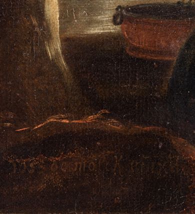 Zdjęcie nr 9: Obraz w formie leżącego prostokąta. W lewej części obrazu Lot z córkami na tle pejzażu. Na pierwszym planie jedna córka, ukazana od tyłu, klęcząca, zwrócona w trzech czwartych w lewo, z głową zwróconą w prawo, nalewa wino z dzbana do kielicha. Ubrana jest w niebieską suknię, tors ma obnażony. Wokół niej leżą tkaniny oraz kosz z owocami i misa. Na drugim planie Lot z kolejną córką w pozycji siedzącej, zwróceni są w trzech czwartych w lewo, z głowami skierowanymi w prawo. Lot lewą rękę kładzie na kolanach, prawą wyciąga w stronę córki. Ukazany jest jako starzec z długą, siwą brodą i włosami. Ubrany w zieloną tunikę odsłaniającą tors i żółty płaszcz zarzucony na kolana. Po jego prawej stronie córka, która obejmuje ojca lewą ręką, prawą wyciąga w bok, trzymając w dłoni kielich. Twarz ma młodzieńczą, okoloną włosami upiętymi z tyłu głowy. Ubrana jest w żółtą suknię, obnażającą ramiona i pierś oraz różowy płaszcz zarzucony na kolana. Obie postacie siedzą na tle niebieskiej tkaniny zawieszonej na gałęzi drzewa, stojącego pośród skał. W prawej części obrazu pejzaż z postacią żony Lota zamienionej w słup soli. W oddali zaś widok miasta Sodomy niszczonej przez boga deszczem ognia i błyskawic. W lewym dolnym rogu sygnatura: „IOST de molck pinx”. Obraz ujęty profilowaną i złoconą ramą. 