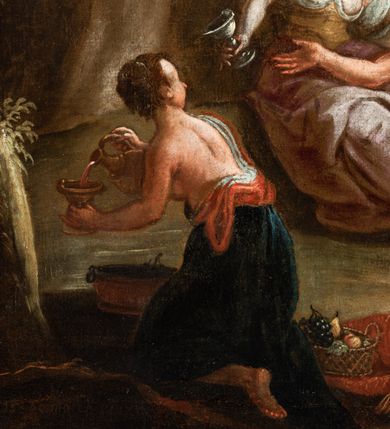 Zdjęcie nr 5: Obraz w formie leżącego prostokąta. W lewej części obrazu Lot z córkami na tle pejzażu. Na pierwszym planie jedna córka, ukazana od tyłu, klęcząca, zwrócona w trzech czwartych w lewo, z głową zwróconą w prawo, nalewa wino z dzbana do kielicha. Ubrana jest w niebieską suknię, tors ma obnażony. Wokół niej leżą tkaniny oraz kosz z owocami i misa. Na drugim planie Lot z kolejną córką w pozycji siedzącej, zwróceni są w trzech czwartych w lewo, z głowami skierowanymi w prawo. Lot lewą rękę kładzie na kolanach, prawą wyciąga w stronę córki. Ukazany jest jako starzec z długą, siwą brodą i włosami. Ubrany w zieloną tunikę odsłaniającą tors i żółty płaszcz zarzucony na kolana. Po jego prawej stronie córka, która obejmuje ojca lewą ręką, prawą wyciąga w bok, trzymając w dłoni kielich. Twarz ma młodzieńczą, okoloną włosami upiętymi z tyłu głowy. Ubrana jest w żółtą suknię, obnażającą ramiona i pierś oraz różowy płaszcz zarzucony na kolana. Obie postacie siedzą na tle niebieskiej tkaniny zawieszonej na gałęzi drzewa, stojącego pośród skał. W prawej części obrazu pejzaż z postacią żony Lota zamienionej w słup soli. W oddali zaś widok miasta Sodomy niszczonej przez boga deszczem ognia i błyskawic. W lewym dolnym rogu sygnatura: „IOST de molck pinx”. Obraz ujęty profilowaną i złoconą ramą. 