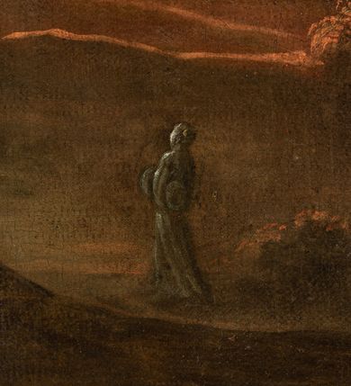 Zdjęcie nr 8: Obraz w formie leżącego prostokąta. W lewej części obrazu Lot z córkami na tle pejzażu. Na pierwszym planie jedna córka, ukazana od tyłu, klęcząca, zwrócona w trzech czwartych w lewo, z głową zwróconą w prawo, nalewa wino z dzbana do kielicha. Ubrana jest w niebieską suknię, tors ma obnażony. Wokół niej leżą tkaniny oraz kosz z owocami i misa. Na drugim planie Lot z kolejną córką w pozycji siedzącej, zwróceni są w trzech czwartych w lewo, z głowami skierowanymi w prawo. Lot lewą rękę kładzie na kolanach, prawą wyciąga w stronę córki. Ukazany jest jako starzec z długą, siwą brodą i włosami. Ubrany w zieloną tunikę odsłaniającą tors i żółty płaszcz zarzucony na kolana. Po jego prawej stronie córka, która obejmuje ojca lewą ręką, prawą wyciąga w bok, trzymając w dłoni kielich. Twarz ma młodzieńczą, okoloną włosami upiętymi z tyłu głowy. Ubrana jest w żółtą suknię, obnażającą ramiona i pierś oraz różowy płaszcz zarzucony na kolana. Obie postacie siedzą na tle niebieskiej tkaniny zawieszonej na gałęzi drzewa, stojącego pośród skał. W prawej części obrazu pejzaż z postacią żony Lota zamienionej w słup soli. W oddali zaś widok miasta Sodomy niszczonej przez boga deszczem ognia i błyskawic. W lewym dolnym rogu sygnatura: „IOST de molck pinx”. Obraz ujęty profilowaną i złoconą ramą. 