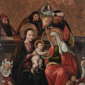 Zdjęcie nr 1: Obraz w formie stojącego prostokąta. Kompozycja trójplanowa. Na pierwszym planie, po bokach znajdują się Maria Salome ze św. Janem Ewangelistą oraz św. Elżbieta ze św. Janem Chrzcicielem. Na drugim planie umieszczona grupa z siedzącymi na ławie Matką Boską z Dzieciątkiem i św. Anną. Za nimi, za niską przegrodą stoją od lewej Zebedeusz, św. Józef i św. Joachim, nad nimi unosi się pośród obłoków półpostać Boga Ojca. 
W centrum siedzące Maria i św. Anna zwrócone ku sobie. Maria dwiema wyciągniętymi przed siebie rękami przytrzymuje stojące na jej kolanach Dzieciątko. Matka Boska ma owalną twarz z wysokim czołem, małymi oczami, prostym nosem i małymi ustami; okoloną długimi, kręconymi włosami opadającymi na ramiona, z opaską nad czołem. Ubrana jest w różową suknię oraz granatowy płaszcz ze złoconą lamówką zarzucony na ramiona i kolana. Dzieciątko zwrócone jest w trzech czwartych w lewo, dłońmi sięga po owoce, które na półmisku trzyma św. Anna, ma ugięte nóżki. Twarz okrągła o pełnych policzkach z wyraźnie zaznaczonym podbródkiem, o dużych oczach, zadartym nosie i pełnych ustach; okolona krótkimi włosami z lokiem na czole. Ubrane jest w długą, przezroczystą tunikę. Święta Anna lewą ręką trzyma półmisek z owocami, prawą podaje jeden Dzieciątku. Twarz o starczych rysach, dużych oczach skierowanych w dół, prostym nosie i małych ustach. Ubrana jest w zieloną suknię, czerwony płaszcz z żółtą podszewką, zarzucony na ramiona i kolana. Na głowie ma biały welon. Cała trójka ma wokół głów złocone i tłoczone w zaprawie nimby. 
W lewym dolnym narożu obrazu siedzi Maria Salome zwrócona w trzech czwartych w lewo, pochylona, lewą ręką przytrzymuje św. Jana Ewangelistę siedzącego na jej kolanach, w prawej, uniesionej trzyma białą różę. Ubrana jest w czerwoną suknię i jasnofioletowy płaszcz z zieloną podszewką, wokół głowy ma białą podwikę, na niej czepiec. Święty Jan ukazany jako niemowle, w pozycji siedzącej, zwrócony w trzech czwartych w prawo, obiema rękami podtrzymuje kielich, z którego wychodzi wąż. Twarz ma okrągłą, okoloną jasnymi włosami. W partii bioder przepasany jest białą pieluszką. Po prawej stronie obrazu ucięta postać św. Elżbiety, zwrócona w trzech czwartych w prawo, prawą ręką ujmuje twarz stojącego obok św. Jana Chrzciciela. Na jej kolanach leży otwarta księga. Święta ubrana jest w brązową suknię oraz czerwony płaszcz. Na głowie ma biały welon spięty ozdobną opaską z klejnotami. Po jej lewej stronie stoi św. Jan Chrzciciel ukazany jako dziecko, zwrócony w trzech czwartych w lewo, na prawym przedramieniu podtrzymuje baranka i laskę zakończoną krzyżem. Twarz ma trójkątną, o dużych oczach i nosie oraz otwartych ustach, okoloną krótkimi, kręconymi włosami. Ubrany jest w melotę. Na trzecim planie, za przegrodą, od lewej półpostać Zebedeusza, zwróconego w trzech czwartych w lewo, ukazanego jako dojrzały mężczyzna, o dużych oczach i nosie oraz pełnych ustach. Twarz ma okoloną długimi kręconymi brodą i włosami. Ubrany jest w zieloną tunikę, różowy płaszcz, na głowie ma czerwone nakrycie. Po jego lewej stronie półpostać św. Józefa zwróconego w trzech czwartych w lewo, który lewą rękę kładzie na ramieniu św. Joachima. Ukazany jest jako dojrzały mężczyzna, o dużych oczach i nosie oraz pełnych ustach. Twarz ma okoloną kręconą brodą i włosami sięgającymi ramion. Ubrany jest w czarną tunikę z kołnierzykiem, na ramiona ma narzucony brązowy płaszcz. Po jego lewej stronie półpostać św. Joachima zwróconego w trzech czwartych w prawo, z ugiętymi rękami, który tłumaczy coś św. Józefowi. Ukazany jest jako starzec, o dużych oczach i garbatym nosie oraz wąskich ustach. Twarz ma okoloną długą, jasną brodą. Ubrany jest w czerwoną tunikę, zielony płaszcz z żółtą podszewką o rozciętych rękawach oraz nakrycie głowy dekorowane wstęgą z kamieniem.
Ponad św. Józefem i św. Joachimem, wyłania się spośród obłoków niewielkie popiersie Boga Ojca, który lewą ręką podtrzymuje jabłko królewskie, prawą błogosławi. Ukazany jest jako starzec, ubrany w granatową tunikę i różowy płaszcz. Poniżej gołębica Ducha Świętego w glorii promienistej. Tło obrazu złocone, z tłoczoną dekoracją o wzorze roślinnym. U dołu obrazu napis „1516 / RENOVATVM / 1638 / RENOVATVM / 1825 / RENOVATVM 1921”.