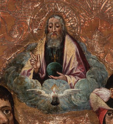 Zdjęcie nr 14: Obraz w formie stojącego prostokąta. Kompozycja trójplanowa. Na pierwszym planie, po bokach znajdują się Maria Salome ze św. Janem Ewangelistą oraz św. Elżbieta ze św. Janem Chrzcicielem. Na drugim planie umieszczona grupa z siedzącymi na ławie Matką Boską z Dzieciątkiem i św. Anną. Za nimi, za niską przegrodą stoją od lewej Zebedeusz, św. Józef i św. Joachim, nad nimi unosi się pośród obłoków półpostać Boga Ojca. 
W centrum siedzące Maria i św. Anna zwrócone ku sobie. Maria dwiema wyciągniętymi przed siebie rękami przytrzymuje stojące na jej kolanach Dzieciątko. Matka Boska ma owalną twarz z wysokim czołem, małymi oczami, prostym nosem i małymi ustami; okoloną długimi, kręconymi włosami opadającymi na ramiona, z opaską nad czołem. Ubrana jest w różową suknię oraz granatowy płaszcz ze złoconą lamówką zarzucony na ramiona i kolana. Dzieciątko zwrócone jest w trzech czwartych w lewo, dłońmi sięga po owoce, które na półmisku trzyma św. Anna, ma ugięte nóżki. Twarz okrągła o pełnych policzkach z wyraźnie zaznaczonym podbródkiem, o dużych oczach, zadartym nosie i pełnych ustach; okolona krótkimi włosami z lokiem na czole. Ubrane jest w długą, przezroczystą tunikę. Święta Anna lewą ręką trzyma półmisek z owocami, prawą podaje jeden Dzieciątku. Twarz o starczych rysach, dużych oczach skierowanych w dół, prostym nosie i małych ustach. Ubrana jest w zieloną suknię, czerwony płaszcz z żółtą podszewką, zarzucony na ramiona i kolana. Na głowie ma biały welon. Cała trójka ma wokół głów złocone i tłoczone w zaprawie nimby. 
W lewym dolnym narożu obrazu siedzi Maria Salome zwrócona w trzech czwartych w lewo, pochylona, lewą ręką przytrzymuje św. Jana Ewangelistę siedzącego na jej kolanach, w prawej, uniesionej trzyma białą różę. Ubrana jest w czerwoną suknię i jasnofioletowy płaszcz z zieloną podszewką, wokół głowy ma białą podwikę, na niej czepiec. Święty Jan ukazany jako niemowle, w pozycji siedzącej, zwrócony w trzech czwartych w prawo, obiema rękami podtrzymuje kielich, z którego wychodzi wąż. Twarz ma okrągłą, okoloną jasnymi włosami. W partii bioder przepasany jest białą pieluszką. Po prawej stronie obrazu ucięta postać św. Elżbiety, zwrócona w trzech czwartych w prawo, prawą ręką ujmuje twarz stojącego obok św. Jana Chrzciciela. Na jej kolanach leży otwarta księga. Święta ubrana jest w brązową suknię oraz czerwony płaszcz. Na głowie ma biały welon spięty ozdobną opaską z klejnotami. Po jej lewej stronie stoi św. Jan Chrzciciel ukazany jako dziecko, zwrócony w trzech czwartych w lewo, na prawym przedramieniu podtrzymuje baranka i laskę zakończoną krzyżem. Twarz ma trójkątną, o dużych oczach i nosie oraz otwartych ustach, okoloną krótkimi, kręconymi włosami. Ubrany jest w melotę. Na trzecim planie, za przegrodą, od lewej półpostać Zebedeusza, zwróconego w trzech czwartych w lewo, ukazanego jako dojrzały mężczyzna, o dużych oczach i nosie oraz pełnych ustach. Twarz ma okoloną długimi kręconymi brodą i włosami. Ubrany jest w zieloną tunikę, różowy płaszcz, na głowie ma czerwone nakrycie. Po jego lewej stronie półpostać św. Józefa zwróconego w trzech czwartych w lewo, który lewą rękę kładzie na ramieniu św. Joachima. Ukazany jest jako dojrzały mężczyzna, o dużych oczach i nosie oraz pełnych ustach. Twarz ma okoloną kręconą brodą i włosami sięgającymi ramion. Ubrany jest w czarną tunikę z kołnierzykiem, na ramiona ma narzucony brązowy płaszcz. Po jego lewej stronie półpostać św. Joachima zwróconego w trzech czwartych w prawo, z ugiętymi rękami, który tłumaczy coś św. Józefowi. Ukazany jest jako starzec, o dużych oczach i garbatym nosie oraz wąskich ustach. Twarz ma okoloną długą, jasną brodą. Ubrany jest w czerwoną tunikę, zielony płaszcz z żółtą podszewką o rozciętych rękawach oraz nakrycie głowy dekorowane wstęgą z kamieniem.
Ponad św. Józefem i św. Joachimem, wyłania się spośród obłoków niewielkie popiersie Boga Ojca, który lewą ręką podtrzymuje jabłko królewskie, prawą błogosławi. Ukazany jest jako starzec, ubrany w granatową tunikę i różowy płaszcz. Poniżej gołębica Ducha Świętego w glorii promienistej. Tło obrazu złocone, z tłoczoną dekoracją o wzorze roślinnym. U dołu obrazu napis „1516 / RENOVATVM / 1638 / RENOVATVM / 1825 / RENOVATVM 1921”.