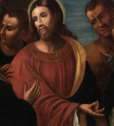 Zdjęcie nr 2: Obraz w formie leżącego prostokąta. Przedstawia grupę osób otaczających Chrystusa, ukazanych do pasa. W centrum Jezus zwrócony w trzech czwartych w prawą, z głową skierowaną w lewo. Prawą rękę wyciąga w geście wskazującym, lewą ma opuszczoną. Twarz ma pociągłą, o migdałowatych oczach, dużym nosie i szerokich ustach, okoloną krótką brodą i jasnymi, kręconymi włosami, opadającymi na ramiona. Wokół głowy ma nimb. Ubrany jest w czerwoną tunikę, o szerokich rękawach, z dekoracyjnym obszyciem dekoltu oraz granatowy płaszcz z żółtą podszewką, przewiązany diagonalnie przez lewe ramię. Po lewej stronie Chrystusa św. Marta ukazana w trzech czwartych, od tyłu, zwrócona ku Jezusowi, z wyciągniętymi obiema rękami. Głowę ma przesłoniętą białym welonem. Ubrana jest w czarną suknię oraz żółty płaszcz z niebieską podszewką. Obok Marty stoi mężczyzna zwrócony w trzech czwartych w lewo. Ubrany w niebieską tunikę oraz brązową szatę wierzchnią, na głowie ma biały turban. Za nim trzy postacie: młodzieńca, dojrzałego mężczyzny i starca. Po lewej stronie Chrystusa stoi św. Maria Magdalena, zwrócona w trzech czwartych w prawo, pochylona, z prawą ręką złożoną na piersi oraz lewą podtrzymującą płaszcz. Twarz ma owalną, o migdałowatych oczach, prostym nosie i pełnych ustach, okoloną jasnymi włosami, upiętymi z tyłu głowy i opadającymi na ramiona. Ubrana jest w białą suknię spodnią i brązową suknię wierzchnią o dużym dekolcie oraz czarny płaszcz zarzucony na ramiona. Na szyi ma medalion z pereł. Za świętą stoi trzech mężczyzn, jeden o dojrzałych rysach, bez brody oraz dwóch starców z brodami. Scena ukazana we wnętrzu, z otworem w prawej części obrazu, ukazującym niebo. Obraz ujęty złoconą, profilowana ramą, dekorowaną kimationem. 