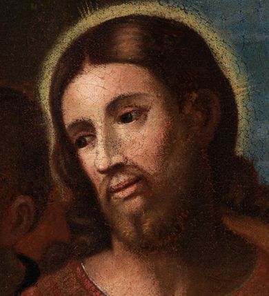 Zdjęcie nr 10: Obraz w formie leżącego prostokąta. Przedstawia grupę osób otaczających Chrystusa, ukazanych do pasa. W centrum Jezus zwrócony w trzech czwartych w prawą, z głową skierowaną w lewo. Prawą rękę wyciąga w geście wskazującym, lewą ma opuszczoną. Twarz ma pociągłą, o migdałowatych oczach, dużym nosie i szerokich ustach, okoloną krótką brodą i jasnymi, kręconymi włosami, opadającymi na ramiona. Wokół głowy ma nimb. Ubrany jest w czerwoną tunikę, o szerokich rękawach, z dekoracyjnym obszyciem dekoltu oraz granatowy płaszcz z żółtą podszewką, przewiązany diagonalnie przez lewe ramię. Po lewej stronie Chrystusa św. Marta ukazana w trzech czwartych, od tyłu, zwrócona ku Jezusowi, z wyciągniętymi obiema rękami. Głowę ma przesłoniętą białym welonem. Ubrana jest w czarną suknię oraz żółty płaszcz z niebieską podszewką. Obok Marty stoi mężczyzna zwrócony w trzech czwartych w lewo. Ubrany w niebieską tunikę oraz brązową szatę wierzchnią, na głowie ma biały turban. Za nim trzy postacie: młodzieńca, dojrzałego mężczyzny i starca. Po lewej stronie Chrystusa stoi św. Maria Magdalena, zwrócona w trzech czwartych w prawo, pochylona, z prawą ręką złożoną na piersi oraz lewą podtrzymującą płaszcz. Twarz ma owalną, o migdałowatych oczach, prostym nosie i pełnych ustach, okoloną jasnymi włosami, upiętymi z tyłu głowy i opadającymi na ramiona. Ubrana jest w białą suknię spodnią i brązową suknię wierzchnią o dużym dekolcie oraz czarny płaszcz zarzucony na ramiona. Na szyi ma medalion z pereł. Za świętą stoi trzech mężczyzn, jeden o dojrzałych rysach, bez brody oraz dwóch starców z brodami. Scena ukazana we wnętrzu, z otworem w prawej części obrazu, ukazującym niebo. Obraz ujęty złoconą, profilowana ramą, dekorowaną kimationem. 