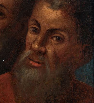 Zdjęcie nr 14: Obraz w formie leżącego prostokąta. Przedstawia grupę osób otaczających Chrystusa, ukazanych do pasa. W centrum Jezus zwrócony w trzech czwartych w prawą, z głową skierowaną w lewo. Prawą rękę wyciąga w geście wskazującym, lewą ma opuszczoną. Twarz ma pociągłą, o migdałowatych oczach, dużym nosie i szerokich ustach, okoloną krótką brodą i jasnymi, kręconymi włosami, opadającymi na ramiona. Wokół głowy ma nimb. Ubrany jest w czerwoną tunikę, o szerokich rękawach, z dekoracyjnym obszyciem dekoltu oraz granatowy płaszcz z żółtą podszewką, przewiązany diagonalnie przez lewe ramię. Po lewej stronie Chrystusa św. Marta ukazana w trzech czwartych, od tyłu, zwrócona ku Jezusowi, z wyciągniętymi obiema rękami. Głowę ma przesłoniętą białym welonem. Ubrana jest w czarną suknię oraz żółty płaszcz z niebieską podszewką. Obok Marty stoi mężczyzna zwrócony w trzech czwartych w lewo. Ubrany w niebieską tunikę oraz brązową szatę wierzchnią, na głowie ma biały turban. Za nim trzy postacie: młodzieńca, dojrzałego mężczyzny i starca. Po lewej stronie Chrystusa stoi św. Maria Magdalena, zwrócona w trzech czwartych w prawo, pochylona, z prawą ręką złożoną na piersi oraz lewą podtrzymującą płaszcz. Twarz ma owalną, o migdałowatych oczach, prostym nosie i pełnych ustach, okoloną jasnymi włosami, upiętymi z tyłu głowy i opadającymi na ramiona. Ubrana jest w białą suknię spodnią i brązową suknię wierzchnią o dużym dekolcie oraz czarny płaszcz zarzucony na ramiona. Na szyi ma medalion z pereł. Za świętą stoi trzech mężczyzn, jeden o dojrzałych rysach, bez brody oraz dwóch starców z brodami. Scena ukazana we wnętrzu, z otworem w prawej części obrazu, ukazującym niebo. Obraz ujęty złoconą, profilowana ramą, dekorowaną kimationem. 