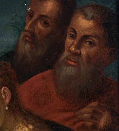 Zdjęcie nr 15: Obraz w formie leżącego prostokąta. Przedstawia grupę osób otaczających Chrystusa, ukazanych do pasa. W centrum Jezus zwrócony w trzech czwartych w prawą, z głową skierowaną w lewo. Prawą rękę wyciąga w geście wskazującym, lewą ma opuszczoną. Twarz ma pociągłą, o migdałowatych oczach, dużym nosie i szerokich ustach, okoloną krótką brodą i jasnymi, kręconymi włosami, opadającymi na ramiona. Wokół głowy ma nimb. Ubrany jest w czerwoną tunikę, o szerokich rękawach, z dekoracyjnym obszyciem dekoltu oraz granatowy płaszcz z żółtą podszewką, przewiązany diagonalnie przez lewe ramię. Po lewej stronie Chrystusa św. Marta ukazana w trzech czwartych, od tyłu, zwrócona ku Jezusowi, z wyciągniętymi obiema rękami. Głowę ma przesłoniętą białym welonem. Ubrana jest w czarną suknię oraz żółty płaszcz z niebieską podszewką. Obok Marty stoi mężczyzna zwrócony w trzech czwartych w lewo. Ubrany w niebieską tunikę oraz brązową szatę wierzchnią, na głowie ma biały turban. Za nim trzy postacie: młodzieńca, dojrzałego mężczyzny i starca. Po lewej stronie Chrystusa stoi św. Maria Magdalena, zwrócona w trzech czwartych w prawo, pochylona, z prawą ręką złożoną na piersi oraz lewą podtrzymującą płaszcz. Twarz ma owalną, o migdałowatych oczach, prostym nosie i pełnych ustach, okoloną jasnymi włosami, upiętymi z tyłu głowy i opadającymi na ramiona. Ubrana jest w białą suknię spodnią i brązową suknię wierzchnią o dużym dekolcie oraz czarny płaszcz zarzucony na ramiona. Na szyi ma medalion z pereł. Za świętą stoi trzech mężczyzn, jeden o dojrzałych rysach, bez brody oraz dwóch starców z brodami. Scena ukazana we wnętrzu, z otworem w prawej części obrazu, ukazującym niebo. Obraz ujęty złoconą, profilowana ramą, dekorowaną kimationem. 