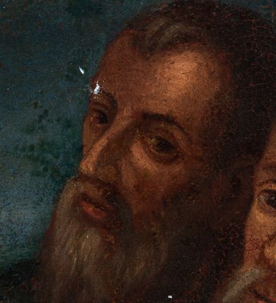 Zdjęcie nr 4: Obraz w formie leżącego prostokąta. Przedstawia grupę osób otaczających Chrystusa, ukazanych do pasa. W centrum Jezus zwrócony w trzech czwartych w prawą, z głową skierowaną w lewo. Prawą rękę wyciąga w geście wskazującym, lewą ma opuszczoną. Twarz ma pociągłą, o migdałowatych oczach, dużym nosie i szerokich ustach, okoloną krótką brodą i jasnymi, kręconymi włosami, opadającymi na ramiona. Wokół głowy ma nimb. Ubrany jest w czerwoną tunikę, o szerokich rękawach, z dekoracyjnym obszyciem dekoltu oraz granatowy płaszcz z żółtą podszewką, przewiązany diagonalnie przez lewe ramię. Po lewej stronie Chrystusa św. Marta ukazana w trzech czwartych, od tyłu, zwrócona ku Jezusowi, z wyciągniętymi obiema rękami. Głowę ma przesłoniętą białym welonem. Ubrana jest w czarną suknię oraz żółty płaszcz z niebieską podszewką. Obok Marty stoi mężczyzna zwrócony w trzech czwartych w lewo. Ubrany w niebieską tunikę oraz brązową szatę wierzchnią, na głowie ma biały turban. Za nim trzy postacie: młodzieńca, dojrzałego mężczyzny i starca. Po lewej stronie Chrystusa stoi św. Maria Magdalena, zwrócona w trzech czwartych w prawo, pochylona, z prawą ręką złożoną na piersi oraz lewą podtrzymującą płaszcz. Twarz ma owalną, o migdałowatych oczach, prostym nosie i pełnych ustach, okoloną jasnymi włosami, upiętymi z tyłu głowy i opadającymi na ramiona. Ubrana jest w białą suknię spodnią i brązową suknię wierzchnią o dużym dekolcie oraz czarny płaszcz zarzucony na ramiona. Na szyi ma medalion z pereł. Za świętą stoi trzech mężczyzn, jeden o dojrzałych rysach, bez brody oraz dwóch starców z brodami. Scena ukazana we wnętrzu, z otworem w prawej części obrazu, ukazującym niebo. Obraz ujęty złoconą, profilowana ramą, dekorowaną kimationem. 