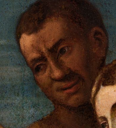 Zdjęcie nr 5: Obraz w formie leżącego prostokąta. Przedstawia grupę osób otaczających Chrystusa, ukazanych do pasa. W centrum Jezus zwrócony w trzech czwartych w prawą, z głową skierowaną w lewo. Prawą rękę wyciąga w geście wskazującym, lewą ma opuszczoną. Twarz ma pociągłą, o migdałowatych oczach, dużym nosie i szerokich ustach, okoloną krótką brodą i jasnymi, kręconymi włosami, opadającymi na ramiona. Wokół głowy ma nimb. Ubrany jest w czerwoną tunikę, o szerokich rękawach, z dekoracyjnym obszyciem dekoltu oraz granatowy płaszcz z żółtą podszewką, przewiązany diagonalnie przez lewe ramię. Po lewej stronie Chrystusa św. Marta ukazana w trzech czwartych, od tyłu, zwrócona ku Jezusowi, z wyciągniętymi obiema rękami. Głowę ma przesłoniętą białym welonem. Ubrana jest w czarną suknię oraz żółty płaszcz z niebieską podszewką. Obok Marty stoi mężczyzna zwrócony w trzech czwartych w lewo. Ubrany w niebieską tunikę oraz brązową szatę wierzchnią, na głowie ma biały turban. Za nim trzy postacie: młodzieńca, dojrzałego mężczyzny i starca. Po lewej stronie Chrystusa stoi św. Maria Magdalena, zwrócona w trzech czwartych w prawo, pochylona, z prawą ręką złożoną na piersi oraz lewą podtrzymującą płaszcz. Twarz ma owalną, o migdałowatych oczach, prostym nosie i pełnych ustach, okoloną jasnymi włosami, upiętymi z tyłu głowy i opadającymi na ramiona. Ubrana jest w białą suknię spodnią i brązową suknię wierzchnią o dużym dekolcie oraz czarny płaszcz zarzucony na ramiona. Na szyi ma medalion z pereł. Za świętą stoi trzech mężczyzn, jeden o dojrzałych rysach, bez brody oraz dwóch starców z brodami. Scena ukazana we wnętrzu, z otworem w prawej części obrazu, ukazującym niebo. Obraz ujęty złoconą, profilowana ramą, dekorowaną kimationem. 