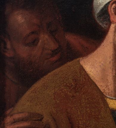 Zdjęcie nr 3: Obraz w formie leżącego prostokąta. Przedstawia grupę osób otaczających Chrystusa, ukazanych do pasa. W centrum Jezus zwrócony w trzech czwartych w prawą, z głową skierowaną w lewo. Prawą rękę wyciąga w geście wskazującym, lewą ma opuszczoną. Twarz ma pociągłą, o migdałowatych oczach, dużym nosie i szerokich ustach, okoloną krótką brodą i jasnymi, kręconymi włosami, opadającymi na ramiona. Wokół głowy ma nimb. Ubrany jest w czerwoną tunikę, o szerokich rękawach, z dekoracyjnym obszyciem dekoltu oraz granatowy płaszcz z żółtą podszewką, przewiązany diagonalnie przez lewe ramię. Po lewej stronie Chrystusa św. Marta ukazana w trzech czwartych, od tyłu, zwrócona ku Jezusowi, z wyciągniętymi obiema rękami. Głowę ma przesłoniętą białym welonem. Ubrana jest w czarną suknię oraz żółty płaszcz z niebieską podszewką. Obok Marty stoi mężczyzna zwrócony w trzech czwartych w lewo. Ubrany w niebieską tunikę oraz brązową szatę wierzchnią, na głowie ma biały turban. Za nim trzy postacie: młodzieńca, dojrzałego mężczyzny i starca. Po lewej stronie Chrystusa stoi św. Maria Magdalena, zwrócona w trzech czwartych w prawo, pochylona, z prawą ręką złożoną na piersi oraz lewą podtrzymującą płaszcz. Twarz ma owalną, o migdałowatych oczach, prostym nosie i pełnych ustach, okoloną jasnymi włosami, upiętymi z tyłu głowy i opadającymi na ramiona. Ubrana jest w białą suknię spodnią i brązową suknię wierzchnią o dużym dekolcie oraz czarny płaszcz zarzucony na ramiona. Na szyi ma medalion z pereł. Za świętą stoi trzech mężczyzn, jeden o dojrzałych rysach, bez brody oraz dwóch starców z brodami. Scena ukazana we wnętrzu, z otworem w prawej części obrazu, ukazującym niebo. Obraz ujęty złoconą, profilowana ramą, dekorowaną kimationem. 