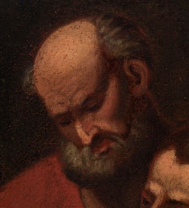 Zdjęcie nr 9: Obraz w formie leżącego prostokąta. Przedstawia grupę osób otaczających Chrystusa, ukazanych do pasa. W centrum Jezus zwrócony w trzech czwartych w prawą, z głową skierowaną w lewo. Prawą rękę wyciąga w geście wskazującym, lewą ma opuszczoną. Twarz ma pociągłą, o migdałowatych oczach, dużym nosie i szerokich ustach, okoloną krótką brodą i jasnymi, kręconymi włosami, opadającymi na ramiona. Wokół głowy ma nimb. Ubrany jest w czerwoną tunikę, o szerokich rękawach, z dekoracyjnym obszyciem dekoltu oraz granatowy płaszcz z żółtą podszewką, przewiązany diagonalnie przez lewe ramię. Po lewej stronie Chrystusa św. Marta ukazana w trzech czwartych, od tyłu, zwrócona ku Jezusowi, z wyciągniętymi obiema rękami. Głowę ma przesłoniętą białym welonem. Ubrana jest w czarną suknię oraz żółty płaszcz z niebieską podszewką. Obok Marty stoi mężczyzna zwrócony w trzech czwartych w lewo. Ubrany w niebieską tunikę oraz brązową szatę wierzchnią, na głowie ma biały turban. Za nim trzy postacie: młodzieńca, dojrzałego mężczyzny i starca. Po lewej stronie Chrystusa stoi św. Maria Magdalena, zwrócona w trzech czwartych w prawo, pochylona, z prawą ręką złożoną na piersi oraz lewą podtrzymującą płaszcz. Twarz ma owalną, o migdałowatych oczach, prostym nosie i pełnych ustach, okoloną jasnymi włosami, upiętymi z tyłu głowy i opadającymi na ramiona. Ubrana jest w białą suknię spodnią i brązową suknię wierzchnią o dużym dekolcie oraz czarny płaszcz zarzucony na ramiona. Na szyi ma medalion z pereł. Za świętą stoi trzech mężczyzn, jeden o dojrzałych rysach, bez brody oraz dwóch starców z brodami. Scena ukazana we wnętrzu, z otworem w prawej części obrazu, ukazującym niebo. Obraz ujęty złoconą, profilowana ramą, dekorowaną kimationem. 