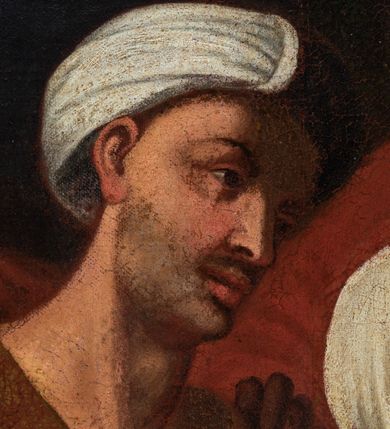 Zdjęcie nr 16: Obraz w formie leżącego prostokąta. Przedstawia grupę osób otaczających Chrystusa, ukazanych do pasa. W centrum Jezus zwrócony w trzech czwartych w prawą, z głową skierowaną w lewo. Prawą rękę wyciąga w geście wskazującym, lewą ma opuszczoną. Twarz ma pociągłą, o migdałowatych oczach, dużym nosie i szerokich ustach, okoloną krótką brodą i jasnymi, kręconymi włosami, opadającymi na ramiona. Wokół głowy ma nimb. Ubrany jest w czerwoną tunikę, o szerokich rękawach, z dekoracyjnym obszyciem dekoltu oraz granatowy płaszcz z żółtą podszewką, przewiązany diagonalnie przez lewe ramię. Po lewej stronie Chrystusa św. Marta ukazana w trzech czwartych, od tyłu, zwrócona ku Jezusowi, z wyciągniętymi obiema rękami. Głowę ma przesłoniętą białym welonem. Ubrana jest w czarną suknię oraz żółty płaszcz z niebieską podszewką. Obok Marty stoi mężczyzna zwrócony w trzech czwartych w lewo. Ubrany w niebieską tunikę oraz brązową szatę wierzchnią, na głowie ma biały turban. Za nim trzy postacie: młodzieńca, dojrzałego mężczyzny i starca. Po lewej stronie Chrystusa stoi św. Maria Magdalena, zwrócona w trzech czwartych w prawo, pochylona, z prawą ręką złożoną na piersi oraz lewą podtrzymującą płaszcz. Twarz ma owalną, o migdałowatych oczach, prostym nosie i pełnych ustach, okoloną jasnymi włosami, upiętymi z tyłu głowy i opadającymi na ramiona. Ubrana jest w białą suknię spodnią i brązową suknię wierzchnią o dużym dekolcie oraz czarny płaszcz zarzucony na ramiona. Na szyi ma medalion z pereł. Za świętą stoi trzech mężczyzn, jeden o dojrzałych rysach, bez brody oraz dwóch starców z brodami. Scena ukazana we wnętrzu, z otworem w prawej części obrazu, ukazującym niebo. Obraz ujęty złoconą, profilowana ramą, dekorowaną kimationem. 