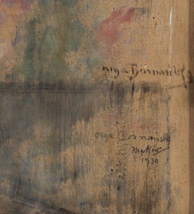 Zdjęcie nr 2: Obraz w formie stojącego prostokąta. Szkic malarski przedstawiający bukiet czerwonych i biało-różowych kwiatów w zielonym, wąskim wazonie ustawionym na wielobocznym stoliku, na jasnoniebieskim tle. Po prawej stronie sygnatura: „Olga Boznańska” oraz napis: „Olga Boznańska / Kraków / 1930”. 
