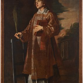 Zdjęcie nr 1: Obraz z całopostaciowym przedstawieniem św. Wawrzyńca trzymającego kratę, palmę męczeństwa oraz księgę stojącego na tle krajobrazu z fragmentem kościoła. 
