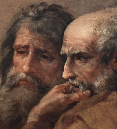 Zdjęcie nr 8: Obraz w formie leżącego prostokąta. Na pierwszym planie ukazany jest Chrystus ze św. Tomaszem, na drugim zaś dwie grupy apostołów. Jezus przedstawiony jest w centrum kompozycji, w półpostaci, frontalnie, z pochyloną głową skierowaną w prawo. Lewą ręką podtrzymuje na piersi płaszcz, prawą kładzie na ramieniu św. Tomasza. Twarz ma pociągłą, o półprzymkniętych oczach, prostym nosie i pełnych ustach, okoloną jasną, krótką brodą oraz jasnobrązowymi włosami, sięgającymi ramion. Wokół głowy ma nimb promienisty. Ubrany jest w białe perizonium, przewiązane przez biodra oraz jasnoniebieski płaszcz zarzucony na prawe ramię i plecy. Tors ma nagi, umięśniony, z raną w prawym boku. Po prawej stronie Chrystusa św. Tomasz ukazany w półpostaci, zwrócony profilem w lewo, przechylony na prawy bok, z prawą ręką wyciągniętą przed siebie, dotykającą rany Chrystusa. Ukazany jest jako starzec, okolony jasnobrązowymi brodą i włosami, z łysiną na głowie. Ubrany jest w jasnobrązową tunikę, odsłaniającą prawe ramię oraz żółty płaszcz zarzucony na lewe ramię. Na drugim planie, w lewej części obrazu grupa trzech apostołów, w tym św. Jana ukazanego jako młodzieńca, w zielonej tunice i czerwonym płaszczu oraz stojących za nim dwóch dojrzałych mężczyzn, okolonych krótkimi brodami i włosami. W prawej części obrazu grupa dwóch apostołów, ukazanych jako starców, okolonych siwymi brodami i włosami, jeden z łysiną na głowie. Scena ukazana we wnętrzu, z prześwitem w prawej części obrazu ukazującym różowo-żółte niebo. Obraz ujęty profilowaną, złoconą ramą.
