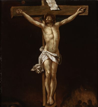 Zdjęcie nr 1: Obraz w formie stojącego prostokąta. W centrum krzyż o prostym zakończeniu belek z przybitą do niego trzema gwoździami postacią żyjącego Chrystusa. Ciało w lekkim zwisie, o szeroko rozłożonych ramionach, układających się łukowato, z uniesioną głową skierowaną w prawo, stopy skrzyżowane w układzie lewa na prawą. Twarz Chrystusa wychudzona, ze szklistymi oczami skierowanymi w górę, prostym nosem i pełnymi ustami; okolona krótką brodą i brązowymi włosami opadającymi na ramiona. Na głowie korona cierniowa. Ciało szczupłe, muskularne, zwłaszcza w partii ramion i nóg. Przez biodra ma przewiązane białe, krótkie, opadające perizonium, zawiązane na prawym boku, z rozwianym zwisem tkaniny. Pionowa belka krzyża zakończona tabliczką z napisem „IN /RI”, u dołu krzyża leży czaszka. W lewym dolnym rogu obrazu niewyraźna, wstająca postać. W prawym dolnym rogu kilka zarysowanych sylwetek postaci oraz kościotrupów na tle płomieni (dusze czyścowe?). Scena na tle brunatnego, cieniowanego nieba, z widocznym zaćmionym słońcem przy górnej krawędzi obrazu. Dzieło ujęte złoconą ramą, dekorowaną ornamentem geometrycznym i rozetami. 