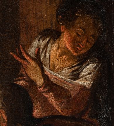 Zdjęcie nr 8: Obraz w kształcie stojącego prostokąta przedstawiający scenę Bożego Narodzenia. W centrum kompozycji ukazana Maria klęcząca przy żłóbku, w którym leży Dzieciątko Jezus. Z lewej strony kompozycji grupa trzech pasterzy składających pokłony Dzieciątku oraz wół i osioł, z prawej św. Józef trzymający z dłoni zapaloną świecę oraz nieco z tyłu stojąca postać kobieca. W górnej części obrazu aniołowie wyłaniający się z obłoków. Matka Boska przedstawiona jako młoda kobieta w jasnoróżowej sukni i ciemnoniebieskim płaszczu zwrócona w trzech czwartych w prawo. Głowa okryta białą chustą i otoczona świetlistym nimbem pochylona nieznacznie w dół. Ręce złożone w geście modlitwy. Nagie Dzieciątko leżące w żłobku, na sianie i białej tkaninie. Kieruje swoją głowę do matki. Św. Józef został przedstawiony jako starszy, brodaty i siwy mężczyzna przedstawiony tyłem i pochylający się nad żłobkiem. W lewej ręce trzyma kaganek z zapaloną świecą, prawą wyciąga przed siebie w geście oratorskim. Mężczyzna ubrany jest jasnoniebieską szatę z długimi rękawami i żółty płaszcz. Postać kobieca z tyłu przedstawiona w pozycji stojącej z głową pochyloną w dół i zwróconą w lewo. Dłonią lewej ręki wskazuje w górę. Ubrana jest w biało-różowe szaty z długimi rękawami. Za nią widoczny fragment kanelowanej kolumny. Trzej pasterze przedstawieni z lewej strony obrazu zwracają się w stronę Dzieciątka leżącego w żłóbku. Postać na pierwszym planie w brązowych szatach ukazana tyłem, przyklęka na jedno kolano i dłonią wskazuje na Jezusa. Drugi z pasterzy w zielonej szacie o dużym dekolcie wspiera się dłonią na ramieniu klęczącego mężczyzny, w drugiej przyciśniętej do piersi trzyma nakrycie głowy. Trzeci z pasterzy nosi czerwone szaty z długimi rękawami. Skrzyżowane dłonie przyciska do piersi. W górnej części kompozycji obłoki rozświetlone ciepłym światłem, z których wyłajają się aniołowie i uskrzydlone główki anielskie. Anioł w centrum trzyma w rękach banderolę z nieczytelnym napisem. Kolorystyka obrazu ciemna, ciepła z wyraźną dominacją odcieni brązu.