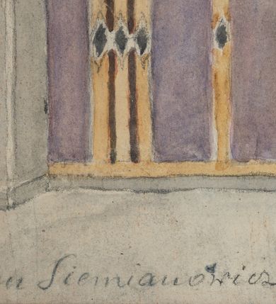 Zdjęcie nr 5: Projekt w formie leżącego prostokąta. Przedstawia północną ścianę prezbiterium oraz pierwsze przęsło nawy razem z wysklepkami połowy krzyżowo-żebrowych sklepień oraz fragmentem łuku tęczowego. Dwie trzecie projektu od prawej strony ukazują polichromię prezbiterium o geometrycznej dekoracji w dolnej połowie ściany oraz przedstawieniach figuralnych w górnej na beżowym tle, z podkreślonymi otworami okiennymi i drzwiowymi. Sklepienie pomalowane na niebiesko z przedstawieniami uskrzydlonych główek anielskich na poszczególnych wysklepkach. Gurty oraz łuk tęczowy pokryty dekoracją geometryczną. W jednej trzeciej rysunku od lewej strony ukazany projekt polichromii pierwszego przęsła nawy kościoła. Ściana podzielona na trzy części o odmiennych wzorach dekoracji geometrycznej, na fioletowym, czerwonym i brązowym tle. Sklepienie pomalowane na niebiesko z geometryczną dekoracją wysklepek i gurtów. W lewym dolnym rogu projektu sygnatura „Adam Siemianowicz”. 