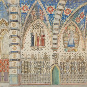 Zdjęcie nr 1: Projekt w formie leżącego prostokąta. Przedstawia północną ścianę prezbiterium oraz pierwsze przęsło nawy razem z wysklepkami połowy krzyżowo-żebrowych sklepień oraz fragmentem łuku tęczowego. Dwie trzecie projektu od prawej strony ukazują polichromię prezbiterium o geometrycznej dekoracji w dolnej połowie ściany oraz przedstawieniach figuralnych w górnej na beżowym tle, z podkreślonymi otworami okiennymi i drzwiowymi. Sklepienie pomalowane na niebiesko z przedstawieniami uskrzydlonych główek anielskich na poszczególnych wysklepkach. Gurty oraz łuk tęczowy pokryty dekoracją geometryczną. W jednej trzeciej rysunku od lewej strony ukazany projekt polichromii pierwszego przęsła nawy kościoła. Ściana podzielona na trzy części o odmiennych wzorach dekoracji geometrycznej, na fioletowym, czerwonym i brązowym tle. Sklepienie pomalowane na niebiesko z geometryczną dekoracją wysklepek i gurtów. W lewym dolnym rogu projektu sygnatura „Adam Siemianowicz”. 