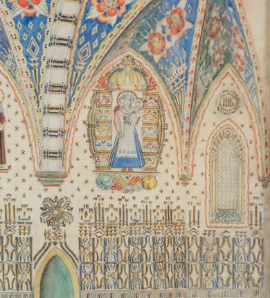 Zdjęcie nr 2: Projekt w formie leżącego prostokąta. Przedstawia północną ścianę prezbiterium oraz pierwsze przęsło nawy razem z wysklepkami połowy krzyżowo-żebrowych sklepień oraz fragmentem łuku tęczowego. Dwie trzecie projektu od prawej strony ukazują polichromię prezbiterium o geometrycznej dekoracji w dolnej połowie ściany oraz przedstawieniach figuralnych w górnej na beżowym tle, z podkreślonymi otworami okiennymi i drzwiowymi. Sklepienie pomalowane na niebiesko z przedstawieniami uskrzydlonych główek anielskich na poszczególnych wysklepkach. Gurty oraz łuk tęczowy pokryty dekoracją geometryczną. W jednej trzeciej rysunku od lewej strony ukazany projekt polichromii pierwszego przęsła nawy kościoła. Ściana podzielona na trzy części o odmiennych wzorach dekoracji geometrycznej, na fioletowym, czerwonym i brązowym tle. Sklepienie pomalowane na niebiesko z geometryczną dekoracją wysklepek i gurtów. W lewym dolnym rogu projektu sygnatura „Adam Siemianowicz”. 