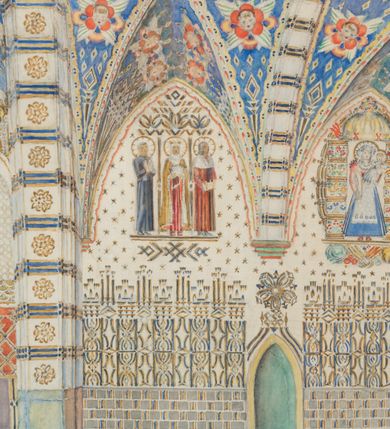 Zdjęcie nr 4: Projekt w formie leżącego prostokąta. Przedstawia północną ścianę prezbiterium oraz pierwsze przęsło nawy razem z wysklepkami połowy krzyżowo-żebrowych sklepień oraz fragmentem łuku tęczowego. Dwie trzecie projektu od prawej strony ukazują polichromię prezbiterium o geometrycznej dekoracji w dolnej połowie ściany oraz przedstawieniach figuralnych w górnej na beżowym tle, z podkreślonymi otworami okiennymi i drzwiowymi. Sklepienie pomalowane na niebiesko z przedstawieniami uskrzydlonych główek anielskich na poszczególnych wysklepkach. Gurty oraz łuk tęczowy pokryty dekoracją geometryczną. W jednej trzeciej rysunku od lewej strony ukazany projekt polichromii pierwszego przęsła nawy kościoła. Ściana podzielona na trzy części o odmiennych wzorach dekoracji geometrycznej, na fioletowym, czerwonym i brązowym tle. Sklepienie pomalowane na niebiesko z geometryczną dekoracją wysklepek i gurtów. W lewym dolnym rogu projektu sygnatura „Adam Siemianowicz”. 