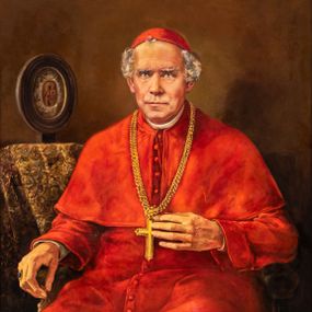 Zdjęcie nr 1: Obraz w formie stojącego prostokąta. W centrum Zygmunt Szczęsny Feliński ukazany do kolan, jako siedzący na fotelu, zwrócony w trzech czwartych w prawo, z obiema rękami opartymi na podłokietnikach, lewą dotyka krzyża na piersi. Twarz o cechach portretowych, okolona krótkimi, siwymi włosami. Na głowie czerwona piuska. Ubrany jest w czerwoną sutannę zapinaną z przodu rzędem guzików oraz czerwony mucet. Na piersi ma zawieszony na grubym łańcuchu krzyż pektoralny, na prawej dłoni pierścień. Po prawej stronie postaci stolik nakryty wzorzystą tkaniną z wizerunkiem Matki Boskiej z Dzieciątkiem w owalnej ramie. Postać ukazana na cieniowanym, brązowym tle. W prawym dolnym rogu sygnatura: „J(an) Chrząszcz / 1997”. Obraz ujęty złoconą, profilowaną ramą, na dolnym boku tabliczka z inskrypcją: „Sługa Boży Arcybiskup / Zygmunt Szczęsny Feliński (1822-1895) / J[ego] E[minencji] Ks[iędzu] Kardynałowi Franciszkowi Macharskiemu / Siostry Franciszkanki Rodziny Maryi”. 