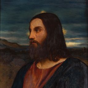 Zdjęcie nr 1: Obraz w formie stojącego prostokąta. W centrum Chrystus ukazany w półpostaci, zwrócony w trzech czwartych w prawo, prawą ręką obejmuje lewe ramię. Twarz ma pociągłą, o migdałowatych oczach, lekko garbatym nosie i pełnych ustach, okoloną brązową brodą i brązowymi, prostymi włosami, sięgającymi ramion. Z jego głowy wychodzą trzy wiązki promieni. Ubrany jest w czerwoną tunikę i niebieski płaszcz zarzucony na ramiona. Chrystus ukazany jest na tle pejzażu pustynnego, z wydmami oraz ciemniejącym niebem z widocznymi w oddali rozjaśnionymi fragmentami. Obraz ujęty złoconą, profilowaną ramą, dekorowaną w narożach palmetami i ornamentem roślinnym. 