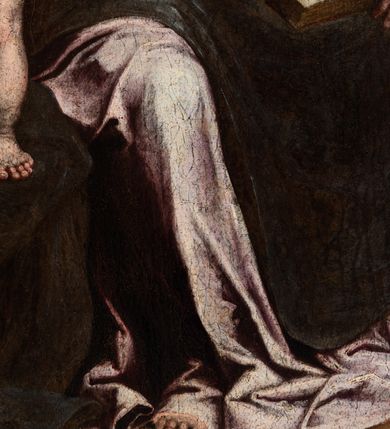 Zdjęcie nr 6: Obraz w formie stojącego prostokąta. Na pierwszym planie, w centrum siedzi na skrzyni Matka Boska, ukazana frontalnie, z głową skierowaną delikatnie w prawo. Lewą ręką przytrzymuje na kolanie otwartą księgę, prawą trzyma Dzieciątko, stojące po jej prawej na skrzyni. Twarz ma owalną, o pełnych policzkach, dużych, okrągłych oczach, łukowatych brwiach, długim nosie i małych, pełnych ustach; okoloną jasnobrązowymi włosami ukrytymi pod welonem. Wokół głowy nimb. Ubrana jest w jasnoróżową suknię, przepasaną w talii oraz brązowo-niebieski płaszcz zarzucony na głowę, opadający na ramiona i kolana. Dzieciątko ukazane frontalnie, w pozycji stojącej, w wykroku, unosi prawą ręką, lewą opuszcza w dół. Twarz ma owalną, o pełnych, zarumienionych policzkach, dużych, okrągłych oczach, krótkim nosie i małych, pełnych ustach; okoloną krótkimi, silnie kręconymi, jasnobrązowymi włosami. Wokół jego głowy gloria promienista. Dzieciątko ukazane jest jako nagie. Po lewej stronie Marii klęczy św. Jan Chrzciciel ukazany jako dziecko. Zwrócony jest w trzech czwartych w prawo, z pochyloną głową, ujmuje rękami księgę na kolanach Marii, którą czyta. Twarz ma owalną, o dużych, okrągłych oczach, krótkim nosie i małych, pełnych ustach; okoloną krótkimi, silnie kręconymi, jasnobrązowymi włosami. Wokół głowy nimb. Na ramiona i plecy ma narzucony czerwony płaszcz. Na drugim planie w lewej części obrazu ukazany św. Franciszek z Asyżu, zwrócony w trzech czwartych w lewo. Obie ręce ma uniesione, w lewej trzyma krzyżyk, prawą ma otwartą, ukazując stygmaty. Twarz ma szczupłą, o dużych, migdałowatych oczach, wąskim, długim nosie i pełnych ustach; okoloną krótką, ciemną brodą i włosami, z tonsurą. Wokół głowy ma nimb. Ubrany jest w brązowo-szary habit z kapturem. Na drugim planie w prawej części obrazu ukazany św. Józef, zwrócony w trzech czwartych w prawo, z prawą dłonią złożoną na piersi. Twarz ma szczupłą, o dojrzałych rysach, dużych oczach, garbatym nosie i pełnych ustach, okoloną krótkimi, siwymi brodą i włosami, z łysiną. Wokół głowy ma nimb. Ubrany jest w brunatną tunikę i jasnoczerwony płaszcz zarzucony na ramiona. W lewym górnym rogu obrazu, w tle podwieszona czerwona, fałdowana draperia, w prawym rogu w oddali widoczny pejzaż. W lewym dolnym rogu kompozycji, na skrzyni sygnatura: „IO'. JACOBVS PANDV/LPHVS PISAVRE[N]SIS / PINGEBAT. M.D.C.X.I”. Obraz ujęty profilowaną i złoconą ramą. 
