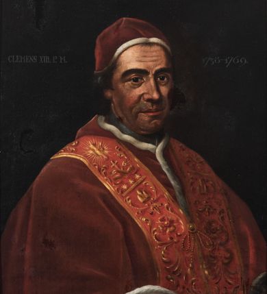 Zdjęcie nr 1: Portret papieża ukazanego do pasa, w trzech czwartych, ubranego w mucet, stułę i camaro na głowie. W lewym górnym rogu napis:  po lewej stronie&quot;CLEMENS XIII. P[ONTIFEX] M[AXIMUS]&quot;, a po prawej: &quot;1758-1769&quot;. 

