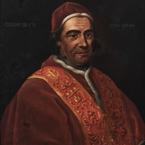 Zdjęcie nr 1: Portret papieża ukazanego do pasa, w trzech czwartych, ubranego w mucet, stułę i camaro na głowie. W lewym górnym rogu napis:  po lewej stronie"CLEMENS XIII. P[ONTIFEX] M[AXIMUS]", a po prawej: "1758-1769". 
