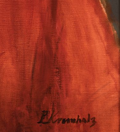 Zdjęcie nr 3: Obraz w kształcie stojącego prostokąta, w drewnianej ramie. Papież ukazany na nieokreślonym tle do pasa, w trzech czwartych, zwrócony w lewo.  Ma owalna twarz, ciemne, podkrążone oczy, szeroki nos i wąskie usta. Jest ubrany w białą albę i czerwony futrzany mucet oraz piuskę na głowie. W prawym górnym rogu herb papieża zwieńczony tiarą, z podłożonymi pod tarczę kluczami (złotym i srebrnym) przewiązanymi czerwonym sznurem. W prawym dolnym rogu sygnatura „P(aweł) Kormholz”, z tyłu napis „P(aweł) Kromholz / 2017, POZNAŃ”.