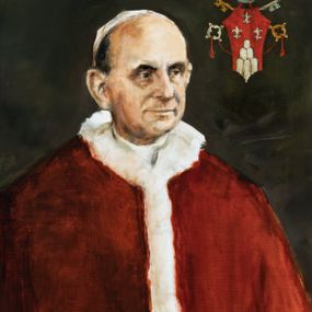 Zdjęcie nr 1: Obraz w kształcie stojącego prostokąta, w drewnianej ramie. Papież ukazany na nieokreślonym tle do pasa, w trzech czwartych, zwrócony w lewo.  Ma owalna twarz, ciemne, podkrążone oczy, szeroki nos i wąskie usta. Jest ubrany w białą albę i czerwony futrzany mucet oraz piuskę na głowie. W prawym górnym rogu herb papieża zwieńczony tiarą, z podłożonymi pod tarczę kluczami (złotym i srebrnym) przewiązanymi czerwonym sznurem. W prawym dolnym rogu sygnatura „P(aweł) Kormholz”, z tyłu napis „P(aweł) Kromholz / 2017, POZNAŃ”.