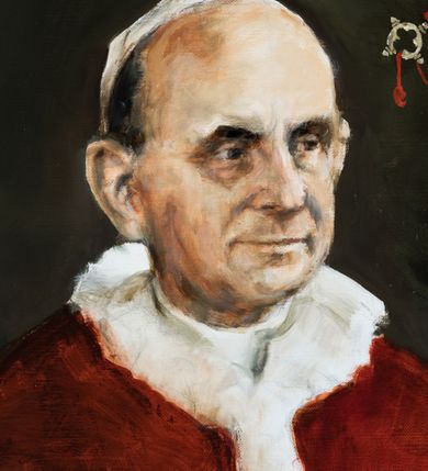 Zdjęcie nr 2: Obraz w kształcie stojącego prostokąta, w drewnianej ramie. Papież ukazany na nieokreślonym tle do pasa, w trzech czwartych, zwrócony w lewo.  Ma owalna twarz, ciemne, podkrążone oczy, szeroki nos i wąskie usta. Jest ubrany w białą albę i czerwony futrzany mucet oraz piuskę na głowie. W prawym górnym rogu herb papieża zwieńczony tiarą, z podłożonymi pod tarczę kluczami (złotym i srebrnym) przewiązanymi czerwonym sznurem. W prawym dolnym rogu sygnatura „P(aweł) Kormholz”, z tyłu napis „P(aweł) Kromholz / 2017, POZNAŃ”.