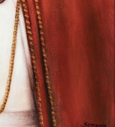 Zdjęcie nr 3: Obraz w formie stojącego prostokąta. W centrum papież ukazany w popiersiu, zwrócony w trzech czwartych w prawo. Twarz o cechach portretowych, z okularami. Na głowie ma białą piuskę. Ubrany jest w białą sutannę przewiązaną szerokim pasem, z białym mucetem zapiętym z przodu na rząd guzików. Na piersi ma zawieszony krzyż pektoralny. Na ramiona narzucony czerwony płaszcz, przy krawędzi obszyty dekoracyjnym sznurkiem, z wiązaniem przy szyi. Postać ukazana na cieniowanym brązowo-zielonym tle. W prawym górnym rogu obrazu herb papieża Piusa XII, w dolnym zaś sygnatura: „Szmania / J.” Na odwrocie obrazu napis: „ Jacek Szmania 2018 r. Poznań”. Obraz ujęty profilowaną i złoconą ramą. 





