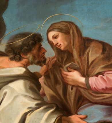 Zdjęcie nr 4: Obraz w owalnej, profilowanej, czarnej ramie, ukazuje scenę spotkania Joachima i Anny. Mężczyzna przedstawiony w trzech czwartych, od tyłu, z prawą nogą zgiętą w kolanie i z rękami rozłożonymi w geście powitania. Jego głowa jest ukazana z profilu, z wyrazistym nosem, brązowymi kręconymi włosami i krótką, falistą brodą. Joachim jest ubrany w długą, brązową suknię przylegającą do ciała i biały płaszcz okrywający ramiona i ręce oraz brązowe sandały. Anna zwrócona do Joachima, ukazana w trzech czwartych z lewą ręką na piersi, z drugą niewidoczną. Jej twarz jest dojrzała, zarysowano szkicowo, nos krótki, oczy w płytkich oczodołach. Anna jest ubrana w różową koszulę, zieloną suknię, niebieski płaszcz i brązową, długą chustę zarzuconą na głowę. Nad głowami obojga małżonków aureole. W tle dwie kobiety. Jedna klęczy, jest ubrana w białą koszulę, czerwoną suknię i niebieski płaszcz i wskazuje prawą ręką na postacie na pierwszym planie, a lewą opiera na wiklinowym koszyku z bielizną. Druga kobieta jest ukazana w pozycji stojącej, frontalnie, ubrana w jasnozieloną suknię i pomarańczowy płaszcz z turbanem na głowie. Za nimi widoczne budowle antyczne, pierwsza w formie okrągłej świątyni (tempietta) ujęta kolumnami, druga w kształcie antycznej świątyni z portykiem kolumnowym w fasadzie; obie zarysowane szkicowo. Na pierwszym planie tobołek podróżny z kijem. W lewej części kompozycji fragment skały. Niebo w kolorach intensywnego lazuru, przełamane szarościami. 