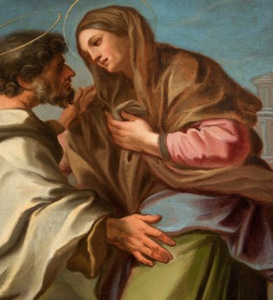 Zdjęcie nr 6: Obraz w owalnej, profilowanej, czarnej ramie, ukazuje scenę spotkania Joachima i Anny. Mężczyzna przedstawiony w trzech czwartych, od tyłu, z prawą nogą zgiętą w kolanie i z rękami rozłożonymi w geście powitania. Jego głowa jest ukazana z profilu, z wyrazistym nosem, brązowymi kręconymi włosami i krótką, falistą brodą. Joachim jest ubrany w długą, brązową suknię przylegającą do ciała i biały płaszcz okrywający ramiona i ręce oraz brązowe sandały. Anna zwrócona do Joachima, ukazana w trzech czwartych z lewą ręką na piersi, z drugą niewidoczną. Jej twarz jest dojrzała, zarysowano szkicowo, nos krótki, oczy w płytkich oczodołach. Anna jest ubrana w różową koszulę, zieloną suknię, niebieski płaszcz i brązową, długą chustę zarzuconą na głowę. Nad głowami obojga małżonków aureole. W tle dwie kobiety. Jedna klęczy, jest ubrana w białą koszulę, czerwoną suknię i niebieski płaszcz i wskazuje prawą ręką na postacie na pierwszym planie, a lewą opiera na wiklinowym koszyku z bielizną. Druga kobieta jest ukazana w pozycji stojącej, frontalnie, ubrana w jasnozieloną suknię i pomarańczowy płaszcz z turbanem na głowie. Za nimi widoczne budowle antyczne, pierwsza w formie okrągłej świątyni (tempietta) ujęta kolumnami, druga w kształcie antycznej świątyni z portykiem kolumnowym w fasadzie; obie zarysowane szkicowo. Na pierwszym planie tobołek podróżny z kijem. W lewej części kompozycji fragment skały. Niebo w kolorach intensywnego lazuru, przełamane szarościami. 