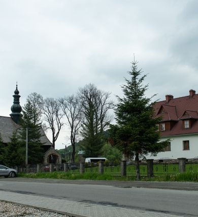 Zdjęcie nr 20: Kościół drewniany o konstrukcji zrębowej, elewacje jednolite, szalowane z listwowaniem, wzmocnione lisicami, wieża o konstrukcji słupowej. Więźba dachowa drewniana, krokwiowa. Budynek na kamiennym podmurowaniu przesłoniętym daszkiem gontowym. Kościół orientowany, jednonawowy z dwiema kaplicami o charakterze transeptu zamkniętymi wielobocznie, na planie krzyża łacińskiego, o węższym prezbiterium zamkniętym trójbocznie. Do wschodniej ściany prezbiterium przylega ogrójec w formie kapliczki, od północy zakrystia na planie prostokąta. Na skrzyżowaniu nawy z południowym ramieniem transeptu kruchta na planie prostokąta. Od zachodu do nawy przylega wieża na planie kwadratu, otoczona sobotami. Prezbiterium i nawa nakryte pozornym sklepieniem tej samej szerokości, obwiedzionym dużym, profilowanym gzymsem podtrzymywanym w nawie przez dwie pary filarów o kanelowanych trzonach, na cokołach. Sklepieniu nawy głównej towarzyszą płaskie i niższe stropy z fasetami w przestrzeniach bocznych. Ściany boczne nawy zwieńczone profilowanym gzymsem. Pomiędzy nawą a prezbiterium otwór tęczowy w formie odcinkowej arkady podtrzymywanej przez filary o kanelowanych trzonach z belką o falistym zarysie. Kaplice boczne otwarte do nawy odcinkowymi arkadami podtrzymywanymi przez filary o kanelowanych trzonach, na cokołach. Parapet chóru muzycznego w zachodniej części nawy, o wybrzuszonej środkowej części, podparty na dwóch filarach o kanelowanych trzonach, na cokołach. Posadzka z płyt ceramicznych. Elewacja frontowa w postaci wieży otoczonej sobotami. Na osi frontowej ściany sobót płytka kruchta zwieńczona gzymsem z przyczółkiem wypełnionym motywem „słoneczka”, przykryta dwuspadowym dachem. Drzwi dwuskrzydłowe, drewniane z okuciami. Korpus wieży podzielony poziomo daszkiem okapowym w dwóch trzecich wysokości, na froncie okno. W dolnej części małe otwory dzwonne z trzech stron, w górnej części duże otwory dzwonne z czterech stron. Wieża zwieńczona hełmem baniastym z latarnią. Ściany sobót szalowane z poziomym listwowaniem, przekryte mansardowym dachem gontowym, na północnej i południowej ścianie dwie pary okien w formie leżącego prostokąta zamkniętego łukiem odcinkowym. W elewacji południowej cztery otwory okienne w formie stojącego prostokąta zamkniętego łukiem odcinkowym, w partii prezbiterium z witrażami. Na elewacji wschodniej ogrójec w formie nadwieszonej kapliczki nakrytej dwuspadowym daszkiem z grupą Ukrzyżowania. W elewacji północnej dwa otwory okienne w formie stojącego prostokąta zamkniętego łukiem odcinkowym. W zakrystii małe kwadratowe okienko. W obu ramionach transeptu analogiczne jak w elewacjach otwory okienne na wschodniej i zachodniej ścianie. Kościół nakryty dachami gontowymi, wyższym nad nawą, niższym nad prezbiterium, dwuspadowym nad nawą oraz wielospadowym nad prezbiterium i ramionami transeptu; nad zakrystią i kruchtą boczną dachy dwuspadowe. W połowie długości dachu, nad nawą, od strony prezbiterium wznosi się ponad kalenicą wieżyczka na sygnaturkę, obita blachą, na ośmiobocznym trzonie, z latarnią zwieńczoną niewielkim baniastym hełmem z latarnią.
