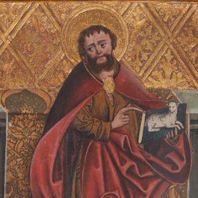 Zdjęcie nr 1: Obraz w kształcie wydłużonego, stojącego prostokąta ujęty złoconą ramą z ornamentem roślinnym dziejącą obraz na dwie mniejsze, prostokątne kwatery. W kwaterze górnej wyobrażenie św. Jana Chrzciciela, w polu dolnym ukazana św. Barbara. Święty Jan przedstawiony w pozycji stojącej z ciałem zwróconym w lewo i głową odwróconą w kierunku przeciwnym. Prawa ręka postaci ugięta w łokciu, palcem wskazuje na księgę  trzymaną w lewej dłoni i lezącego na niej baranka. Twarz świętego owalna z wysokim czołem. Oczy ciemne, szeroko otwarte, nos długi, prosty, usta małe. Włosy krótkie, ciemnobrązowe, krótka, rozdwajająca się na końcu broda w tym samym kolorze. Święty jest ubrany w jasnobrązową szatę spodnią z długimi rękawami, sięgającą kolan. Na ramionach ma obszerny, czerwony płaszcz spięty pod szyją złotą, owalną klamrą. Prawa poła płaszcza wywinięta, tworzy łagodny łuk, jej koniec zwinięty na ziemi. Lewa poła okrycia podtrzymywana przez prawą rękę. Wokół głowy złocony nimb. Stopy świętego są bose. Na drugim planie ukazany kamienny parapet z dekoracją maswerkową, przez który została przerzucona bogato zdobiona ornamentem roślinnym tkanina w kolorach zielono-brązowym i złotym. Tło złocone, wytłaczane w motyw skośnej kraty z wpisanymi w nią stylizowanymi motywami roślinnymi. Święta Barbara ukazana w pozycji stojącej z ciałem  i twarzą zwróconymi w trzech czwartych w lewo. Postać na prawej ręce podtrzymuje model gotyckiej wieży zwieńczonej dwuspadowym dachem. Lewą dłonią podtrzymuje połę płaszcza. Twarz św. Barbary owalna o delikatnych rysach i wysokim czole. Włosy, długie, falowane, opadające na ramiona postaci. Święta jest ubrana w jasnobrązową suknię z długimi rękawami, dekorowaną białym, linearnym ornamentem roślinnym oraz długi, czerwony płaszcz z zieloną podszewką spięty pod szyją dwiema, złotymi klamrami o formie kwiatu. Płaszcz bogato drapowany tworzy liczne, ostre i kanciaste załamania. Wokół głowy świętej złocony nimb, na środku czoła złocony klejnot w kształcie kwiatu. Na drugim planie ukazany kamienny parapet z dekoracją maswerkową, przez który została przerzucona czerwona tkanina z motywem kraty. Tło złocone, wytłaczane w motyw skośnej kraty z wpisanymi w nią stylizowanymi motywami roślinnymi. 

