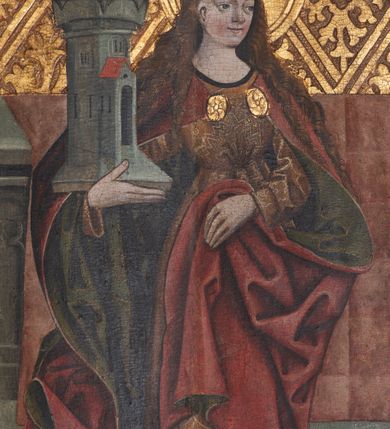 Zdjęcie nr 4: Obraz w kształcie wydłużonego, stojącego prostokąta ujęty złoconą ramą z ornamentem roślinnym dziejącą obraz na dwie mniejsze, prostokątne kwatery. W kwaterze górnej wyobrażenie św. Jana Chrzciciela, w polu dolnym ukazana św. Barbara. Święty Jan przedstawiony w pozycji stojącej z ciałem zwróconym w lewo i głową odwróconą w kierunku przeciwnym. Prawa ręka postaci ugięta w łokciu, palcem wskazuje na księgę  trzymaną w lewej dłoni i lezącego na niej baranka. Twarz świętego owalna z wysokim czołem. Oczy ciemne, szeroko otwarte, nos długi, prosty, usta małe. Włosy krótkie, ciemnobrązowe, krótka, rozdwajająca się na końcu broda w tym samym kolorze. Święty jest ubrany w jasnobrązową szatę spodnią z długimi rękawami, sięgającą kolan. Na ramionach ma obszerny, czerwony płaszcz spięty pod szyją złotą, owalną klamrą. Prawa poła płaszcza wywinięta, tworzy łagodny łuk, jej koniec zwinięty na ziemi. Lewa poła okrycia podtrzymywana przez prawą rękę. Wokół głowy złocony nimb. Stopy świętego są bose. Na drugim planie ukazany kamienny parapet z dekoracją maswerkową, przez który została przerzucona bogato zdobiona ornamentem roślinnym tkanina w kolorach zielono-brązowym i złotym. Tło złocone, wytłaczane w motyw skośnej kraty z wpisanymi w nią stylizowanymi motywami roślinnymi. Święta Barbara ukazana w pozycji stojącej z ciałem  i twarzą zwróconymi w trzech czwartych w lewo. Postać na prawej ręce podtrzymuje model gotyckiej wieży zwieńczonej dwuspadowym dachem. Lewą dłonią podtrzymuje połę płaszcza. Twarz św. Barbary owalna o delikatnych rysach i wysokim czole. Włosy, długie, falowane, opadające na ramiona postaci. Święta jest ubrana w jasnobrązową suknię z długimi rękawami, dekorowaną białym, linearnym ornamentem roślinnym oraz długi, czerwony płaszcz z zieloną podszewką spięty pod szyją dwiema, złotymi klamrami o formie kwiatu. Płaszcz bogato drapowany tworzy liczne, ostre i kanciaste załamania. Wokół głowy świętej złocony nimb, na środku czoła złocony klejnot w kształcie kwiatu. Na drugim planie ukazany kamienny parapet z dekoracją maswerkową, przez który została przerzucona czerwona tkanina z motywem kraty. Tło złocone, wytłaczane w motyw skośnej kraty z wpisanymi w nią stylizowanymi motywami roślinnymi. 

