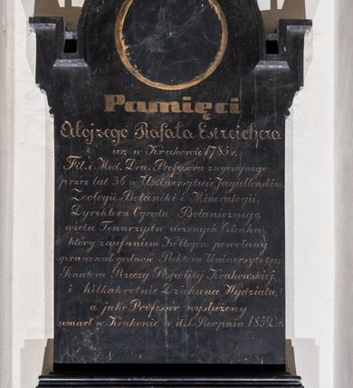 Zdjęcie nr 1: Epitafium złożone z prostokątnej podstawy z wykrojoną od dołu wnęką wypełnioną muszlą i tablicy w kształcie stojącego prostokąta zakończonego uszakami i łukiem, półkolistym nadwieszonym z okrągłym polem na portret, łuk zakończony krzyżem. W polu Inskrypcja „Pamięci / Alojzego Rafała Estreichera / ur(odzonego) w Krakowie 1785 r(oku) / Fil(ozofii) i Med(ycyny) D(okto)ra Professora zwyczajnego / przez lat 36 w Uniwersytecie Jagiellonskim, / Zoologii Botaniki Mineralogii, / Dyrektora Ogrodu Botanicznego, / wielu Towarzystw uczonych Członka, / który zaufaniem Kollegów powołany / sprawował godność Rektora Uniwersytetu, / Senatora Rzeczy Pospolitej Krakowskiej / i kilkakrotnie Dziekana Wydziału, / a jako Professór wysłużony / umarł w Krakowie w d(niu) 1. Sierpnia 1852 r(oku)”. Na podstawie kuta sygnatura „E(dward) Stehlik”. 
