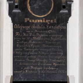 Zdjęcie nr 1: Epitafium złożone z prostokątnej podstawy z wykrojoną od dołu wnęką wypełnioną muszlą i tablicy w kształcie stojącego prostokąta zakończonego uszakami i łukiem, półkolistym nadwieszonym z okrągłym polem na portret, łuk zakończony krzyżem. W polu Inskrypcja „Pamięci / Alojzego Rafała Estreichera / ur(odzonego) w Krakowie 1785 r(oku) / Fil(ozofii) i Med(ycyny) D(okto)ra Professora zwyczajnego / przez lat 36 w Uniwersytecie Jagiellonskim, / Zoologii Botaniki Mineralogii, / Dyrektora Ogrodu Botanicznego, / wielu Towarzystw uczonych Członka, / który zaufaniem Kollegów powołany / sprawował godność Rektora Uniwersytetu, / Senatora Rzeczy Pospolitej Krakowskiej / i kilkakrotnie Dziekana Wydziału, / a jako Professór wysłużony / umarł w Krakowie w d(niu) 1. Sierpnia 1852 r(oku)”. Na podstawie kuta sygnatura „E(dward) Stehlik”. 
