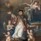 Zdjęcie nr 1: W centralnej części kompozycji jest ukazany klęczący na chmurach św. Jan Nepomucen, ujęty w trzech czwartych, z uniesioną prawą ręką, a lewą odsuniętą na bok. Święty jest ubrany w czarną sutannę, białą komżę i brązowy, futrzany mucet z kapturem przewiązany pod szyją z czerwonym podbiciem; na głowie nosi czarny biret. Jasna, prostokątna twarz, z jasnym, kręconym zarostem, zwraca się ku górze; jego nos jest długi, oczy otwarte, usta wąskie, pełne, zaczerwienione; wokół głowy wieniec z pięciu gwiazd.  Obok świętego dwa nagie putta, przepasane tkaninami, jedno podtrzymuje świętego, drugie, z palcem na ustach prawej ręki trzyma w lewej kłódkę, opierając dłoń o zamkniętą księgę i leżące na niej dwa klucze (czarny i złoty). Z prawej strony świętego ukazany został skrzydlaty anioł w niebieskiej szacie spoglądający na niego, trzymający w dłoniach kwiaty – lilię i niebieski kwiat. Nad świętym unosi się anioł dmący w trąby, ubrany w niebieską i różową suknię odsłaniającą nagi tors. Obok niego wyłaniające się z chmur uskrzydlone główki aniołków i krucyfiks. W tle panorama Pragi, z mostem i Wełtawą, w której pływają ubrane w strój kanonicki zwłoki świętego z gwieździstym wieńcem wokół głowy.  
