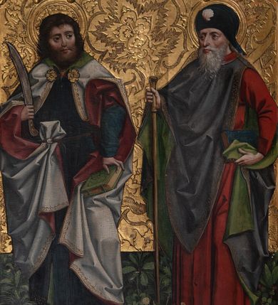 Zdjęcie nr 14: Nastawa ołtarzowa w formie tryptyku z ruchomymi skrzydłami. Na środku scena ze św. Stanisławem tronującym między św. Mikołajem i św. Wawrzyńcem. Na skrzydłach przedstawiono pary świętych: po lewej u góry św. Jana Chrzciciela i św. Andrzeja, na dole św. biskupa z księgą oraz św. biskupa z wrzecionem. Po prawej u góry św. Macieja i św. Jakuba, poniżej św. Michała Archanioła i św. Jerzego. Na zamkniętych skrzydłach również pary świętych: na lewym u góry św. Urban i św. Walenty, poniżej św. Klara i św. Otylia. Na prawym u góry św. helena i św. Zofia , na dole św. Apolonia i św. Afra. 